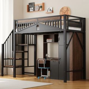 Lit mezzanine métal 90x200cm lit enfant avec barrières de sécurité lit simple avec échelle de sécurité et sommier à lattes noir