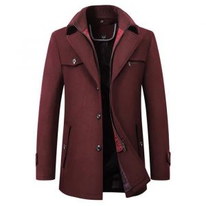 Manteau - XH616 - Bordeaux - Laine Chaud - Mi-Long - &Eacute;l&eacute;gant