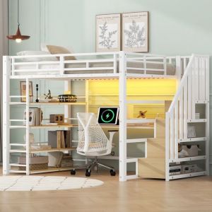 Lit mezzanine lit double 140x200 cm blanc m&eacute;tal avec escalier bureau int&eacute;gr&eacute; rangements station de recharge USB et LED