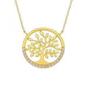Collier Femme Arbre de Vie Plaqu&eacute; Or 18 Carats &ndash; Pendentif Rond 20 mm avec Zirconium &ndash; Bijou Porte-Bonheur &Eacute;l&eacute;gant 40+5 cm