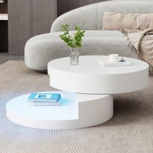 Table basse ronde 70x70x355 cm LED 16 couleurs plateau pivotant 360&deg; 2 &eacute;tages MDF blanc charge 30kg