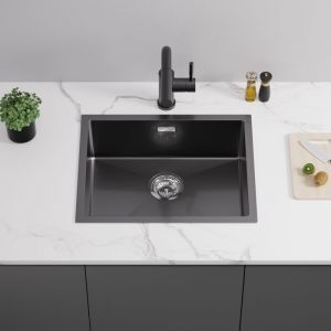&Eacute;vier Cuisine Noir 55x44x19CM &Eacute;vier &agrave; Encastrer avec Ensemble de drainage &Eacute;vier 1 Bac en Inox pour meuble de 60 cm