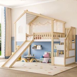 Lit Superpos&eacute; Maison Enfant 90 x 200cm Lit mezzanine en Bois avec Toboggan &Eacute;chelle de Rangement et Fen&ecirc;tres Naturel(Sans