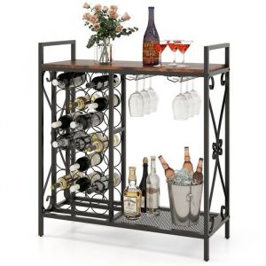 COSTWAY Casier à Vin sur Pied pour 21 Bouteilles avec Support en Verre et Plan de Travail en Bois Cadre en Métal Rustique