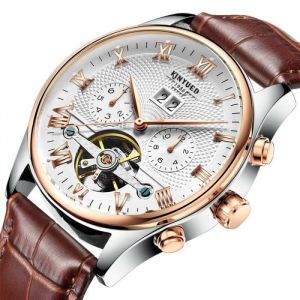 Montre homme de marque de luxe m&eacute;canique calendrier cadran squelette automatique bracelet en cuir &eacute;tanche brun sport mode