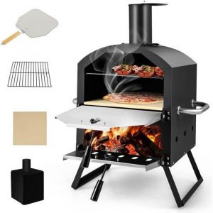 GIANTEX Four à Pizza/Gril Extérieur à 2 Couches en Fer- Four à Bois/Granulés/Charbon- Pierre à Pizza+Pelle+Housse+Grille Fournis
