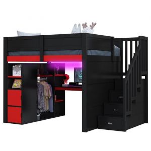 Lit Mezzanine Gaming Bois 140x200cmBureauRangements Multi-niveaux Led Usb Escalier Rangement Noir Noir Et Rouge Sans Matelas