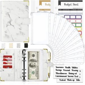Classeur A6 6 Anneaux Budget Planner Classeur Budget en PU Cuir Budget Planner Couverture avec 8 PVC Enveloppe Budget-White