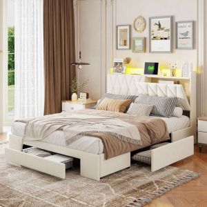 lit 140x190 avec tiroir lit140x190 et sommier LED r&eacute;glable avec port USB Cadre de Lit pour 2 Personne beige velours