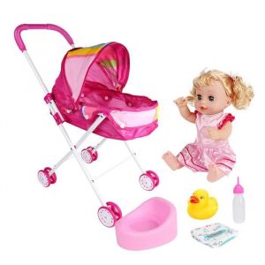 Poup&eacute;e b&eacute;b&eacute; fille avec landau pliable arc-en-ciel
