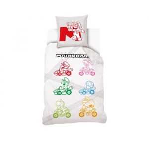 MARIO - Housse de couette Mario Kart Rainbow 140x200 cm + 1 Taie DOreiller 63x63 cm - 100% Coton - Blanche