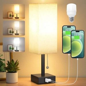 Lampe de Chevet 3 Couleur Modes(2700/3500/5000K) avec Ports de Charge USB-A+C Ampoule LED Interrupteur à Chaînette