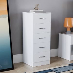 Commode étroite blanche Riano avec 5 tiroirs poignées et glissières en métal – Meuble de chambre