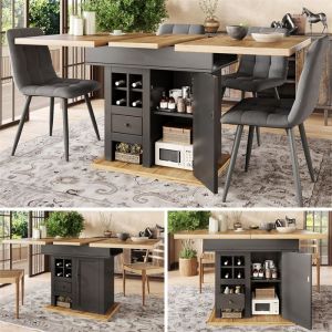 Table a Manger Extensible Porte-Bouteilles et Tiroirs Table de Cuisine 4 &agrave; 6 PersonnesTable Carr&eacute;e ExtensibleNoir110-140&times;80cm