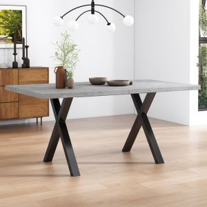 Table de salle à manger design avec pieds croisés  en fer forgé 140x80x76cm aspect béton+noir