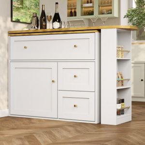 Table Bar Extensible Blanc 138-204×39×105cm-Avec Étagère Snack & Rangement - Îlot De Cuisine Multifonction - Table Haute Design