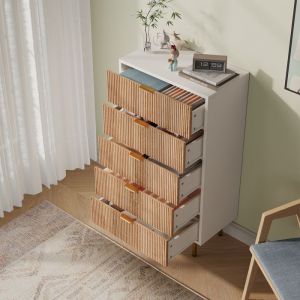 Commode &agrave; 5 Tiroirs Commode Scandinave avec Poign&eacute;e en Bois et Pieds de Support Chiffonnier Meuble de Rangement Bois + Blanc