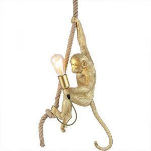 Lampe Suspendue Rétro Edison E27 en Résine MAX avec Singe Doré et Corde de Chanvre Idéale pour Salle à Manger Salon et Bar
