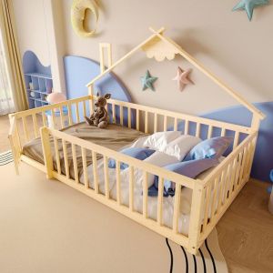 Lit au sol 90x190 cm lit enfant avec barrières de sécurité poussette avec barrières de sécurité sommier à lattes pin naturel