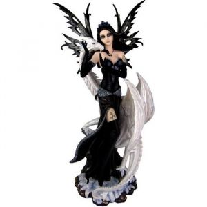 Statue de fée gothique avec un dragon celtique blanc figurine géante en résine h.68cm