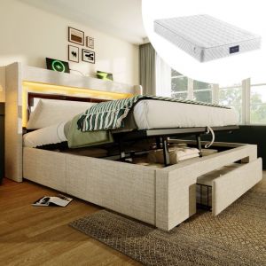 Lit Coffre 160x200 cm - Lit Double Rembourr&eacute; avec LED et USB Niche de Rangement Matelas Inclus en Lin Bois M&eacute;tal Beige