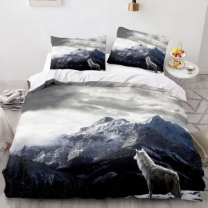 Parure de Lit 220x240 cm Adulte Loup Gris Housse de Couette Doux Respirant Microfibre Housse de Couette et 2 Taie doreiller 65x65cm