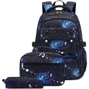 Cartables Scolaires Garçon Ensemble de 3 Sacs à Dos + Boîte à Lunch Thermique + Trousse à Crayons Sac à Dos Ciel Étoilé Bleu