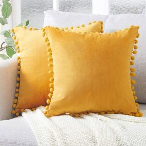 Lot de 2 coussin de Velours avec des pompons de couleur unie couvre d&eacute;coratifs housse de coussin coussin de si&egrave;ge coussin jeter