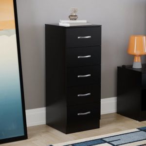 Commode étroite noire Riano avec 5 tiroirs poignées et glissières en métal – Meuble de chambre