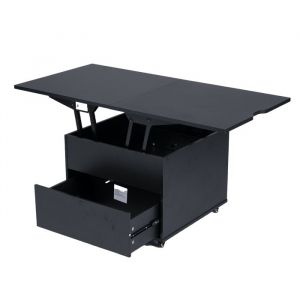 3 en 1 Table Basse &agrave; Plateau Relevable COSTWAY Rangement Cach&eacute; Tiroir et Roues Verrouillables &agrave; 360&deg; Table de Salon Pliante Noir