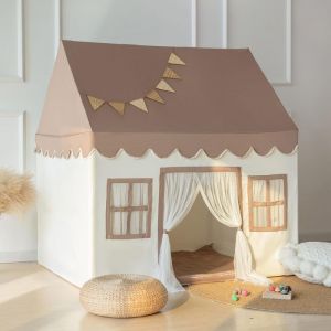 Tente de Jeu pour Enfants avec Tapis et 3m Lumières de Chaîne Cabane Intérieure et Extérieure Château de Princesse-Marron
