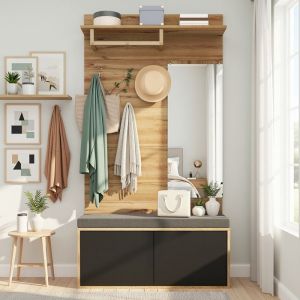 URBAN MEUBLE Vestiaire &agrave; lentr&eacute;e effet bois banc rembourr&eacute; miroir porte-manteaux miroir et rangement chaussures