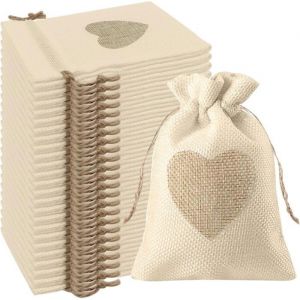 24Pcs Motif de Coeur Sachets en Toile de Jute Pochettes 10x14CM pour Dragees Mariage pour Bonbons Adeaux Cadeau Bapt&ecirc;me Anniversa