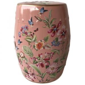 Tabouret Céramique Rose Fleurs Fait Main Fiora D30 x H 45 cm - Fine Asianliving