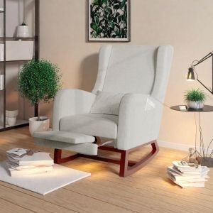 Fauteuil à Bascule Rocking Chair Accoudoir avec Poche avec Repose-Pieds Extensible Pieds en Bois Massif Lin Gris