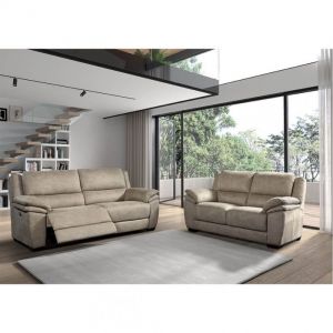 ASTIO - Canap&eacute; Relax Electrique 3 Places + Canap&eacute; 2 Places Fixe Tissu Beige