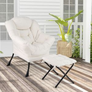 GIANTEX Fauteuil Relax avec Repose-Pied Pliable+ Oreiller+ Poche Latérale-Fauteuil Rembourré Moderne- pour Salon/Bureau- Beige