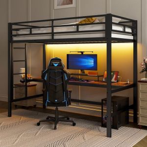 Lit mezzanine 90x200 cm rampe escabeau table avec USB et prise bande lumineuse Wire Control métal Noir