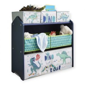 Biblioth&egrave;que Enfant GINGER HOME DINOSAUR Organiseur &agrave; Jouets avec Bacs de Rangement Bois MDF 63x30x60 cm Bleu et Vert