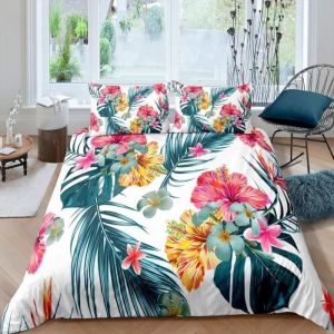Housse de Couette 240x260 Tropical Parure de Lit Fleur Plante Microfibre Douce Housse de Couettes et 2 Taies doreiller 65x65 cm