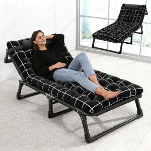 Chaise Longue pliante  Transat pliant et inclinable  Appuie-t&ecirc;te et Coussin Amovibles  Structure en Acier