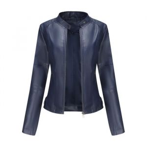 Veste Femme en PU cuir - MOBIGARLAN - Slim - Bleu marine