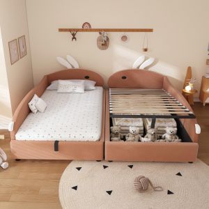 Lit rembourré enfant 90x200cm*2 Lit coffre hydraulique Lit combiné en velours avec tête de lit lapin barrière et sommiers à lattes