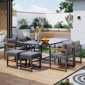 Ensemble extérieur 7 pièces 6 personnes table verre main courante acacia jardin gris