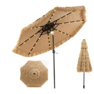 Parasol de Plage - RELAX4LIFE - Parasol Paille Hawaï Inclinable - 8 Baleines - 32 Lumières LED - Poignée Manuelle - Dia 264CM