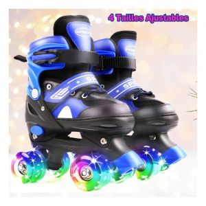 PATIN A ROULETTE - PATIN QUAD - Roller Gar&ccedil;on/Fille - Taille R&eacute;glable - Roller Enfant - Roues Lumineuses LED - Bleu