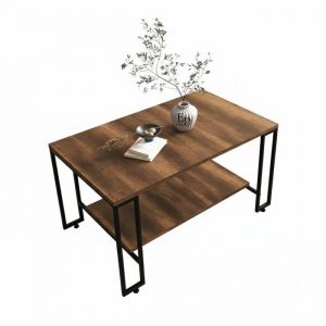 Table basse NURY bois fonc&eacute; structure noire avec rangement table basse moderne sur roulettes