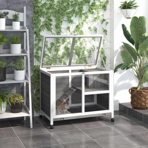 Cage &agrave; lapin clapier sur roulettes petit enclos aminaux en bois massif 2 &eacute;tages toit ouvrant plates-formes 915 x 533 x 73 cm gris