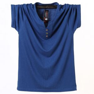 T-Shirts Hommes Manches Courtes Fins en Coton à Col en V Grande Taille Bleu - FUNMOON - Ajustée - Col boutonné