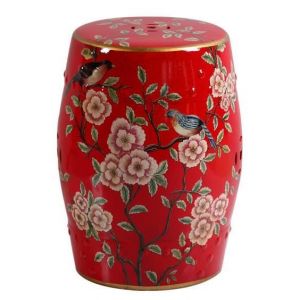 Tabouret de jardin en c&eacute;ramique avec fleurs rouges fait main Aria D30 x H 45 cm - Fine Asianliving